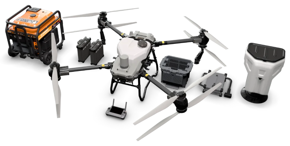 DJI Agras T50 – zestaw z generatorem, bateriami i rozsiewaczem